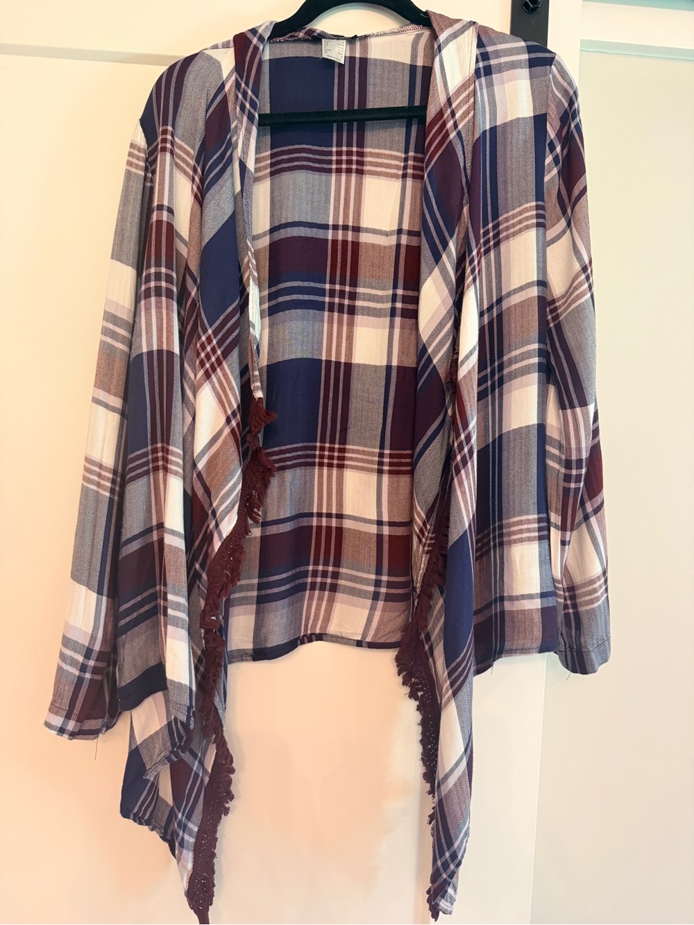 VENUS Plaid Open-Front Cape with Fringe - Navy, Maroon & Cream